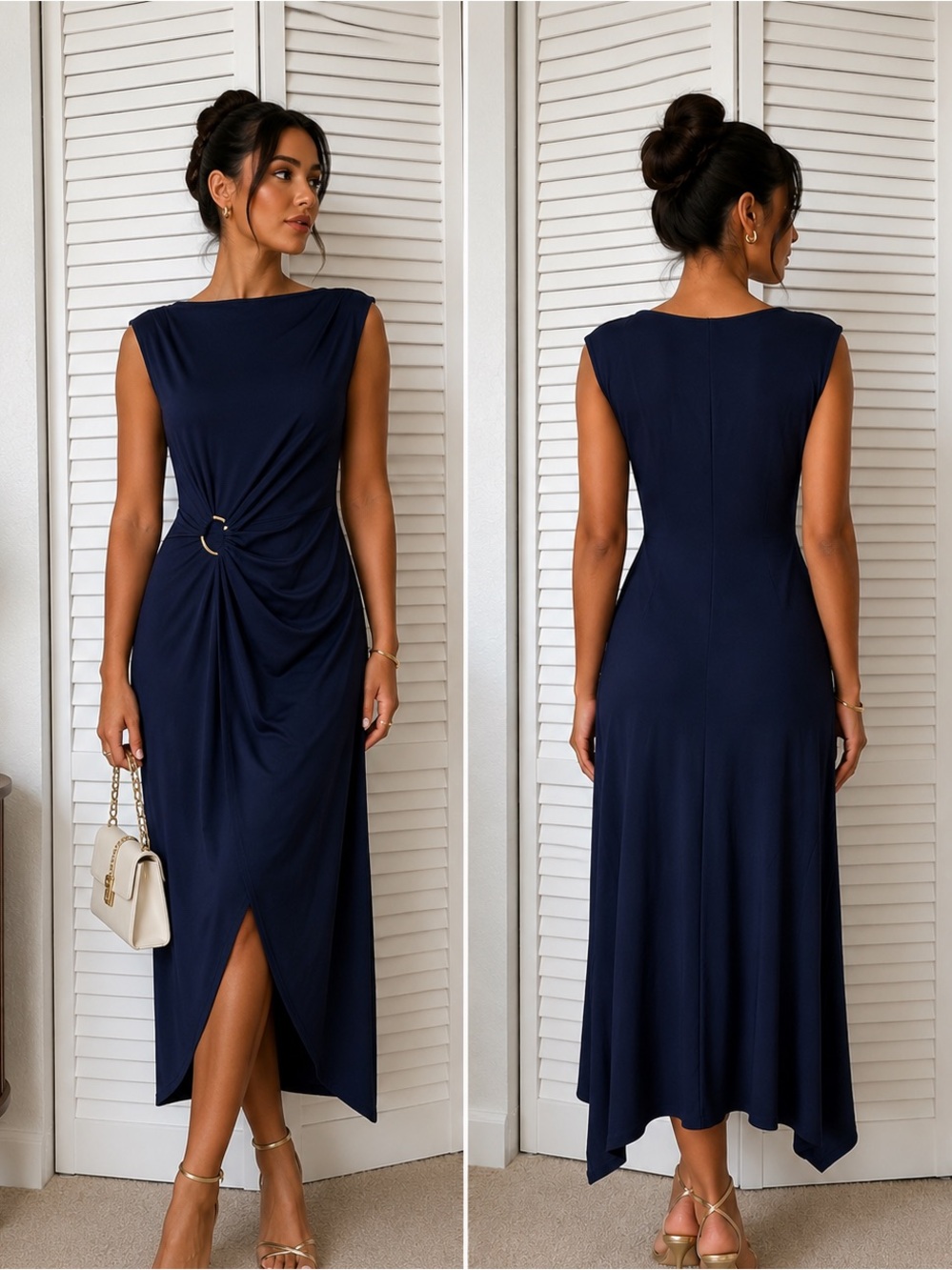 1. State Navy Asymmetrical Midi Dress with Ring Detail